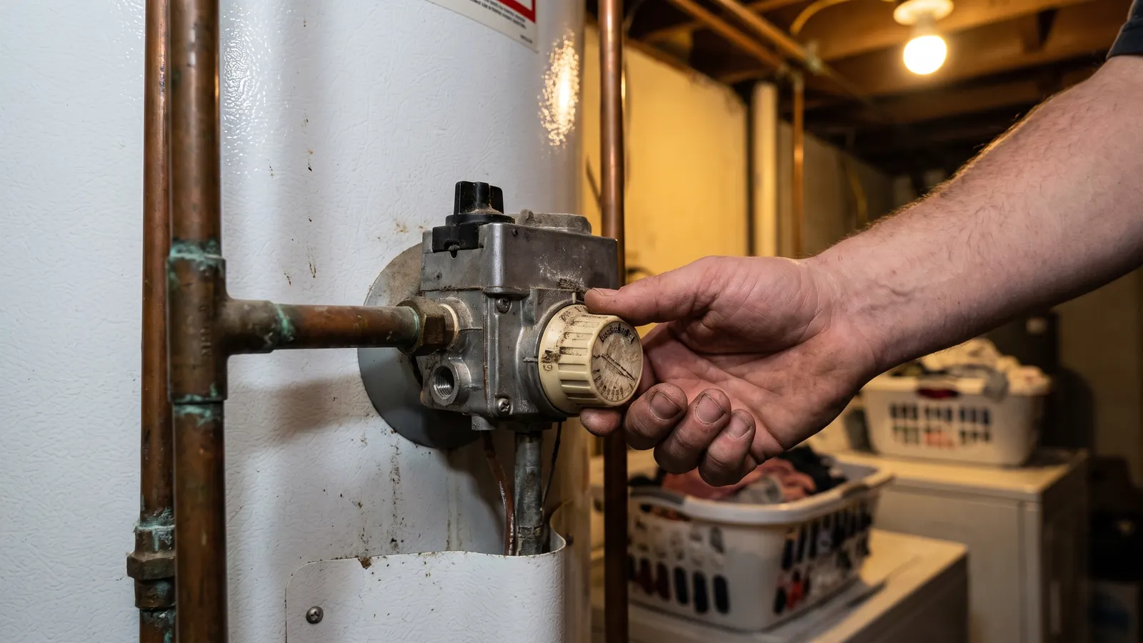 Turning a water heater temperature dial down to save energy