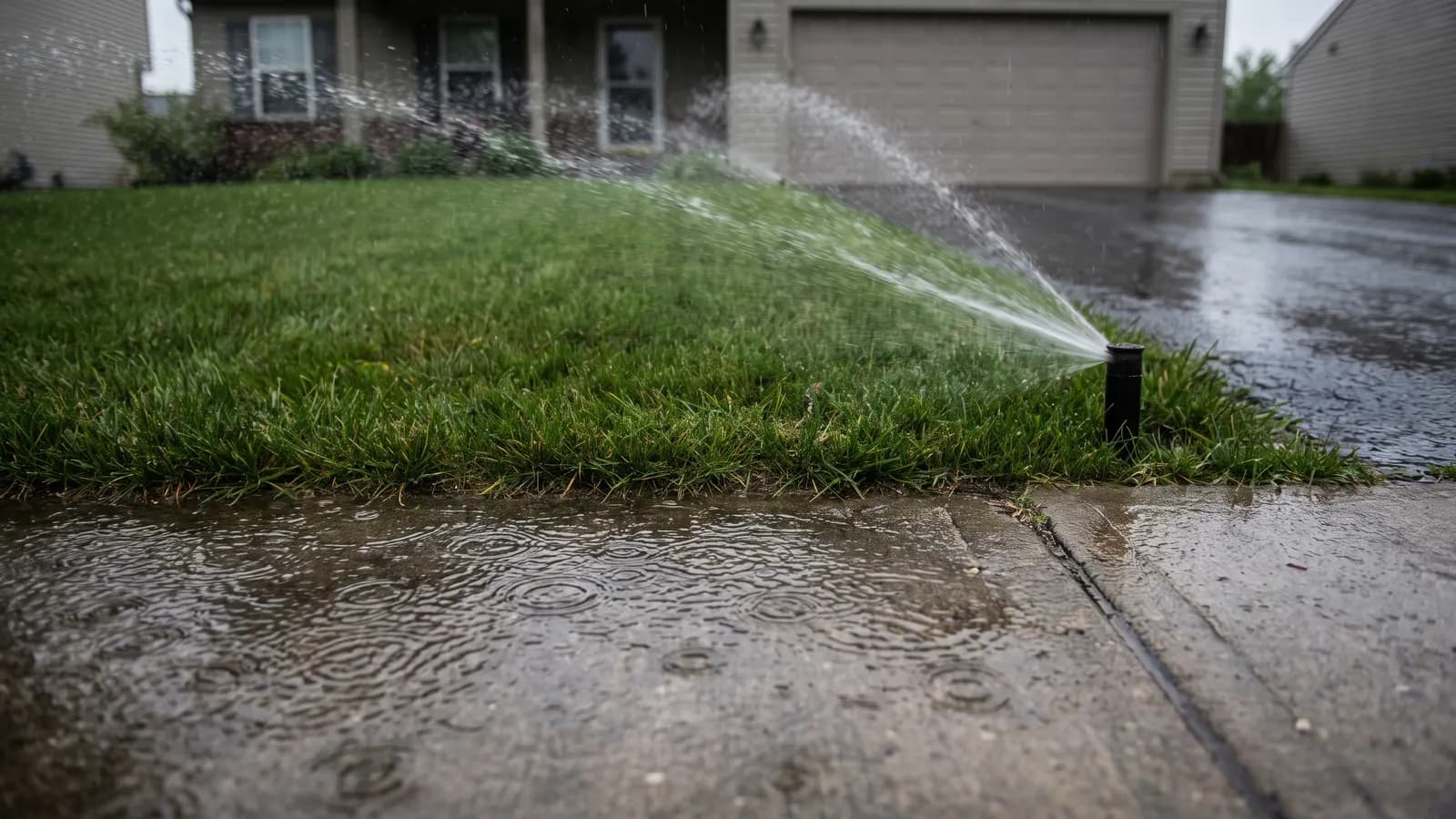 Lawn sprinkler spraying water during a rain shower, a common waste