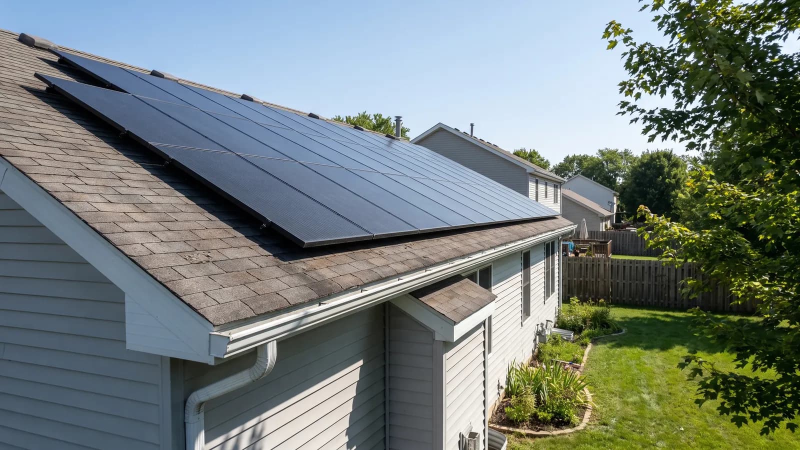 Rooftop solar panels on the asphalt shingle roof of a suburban home