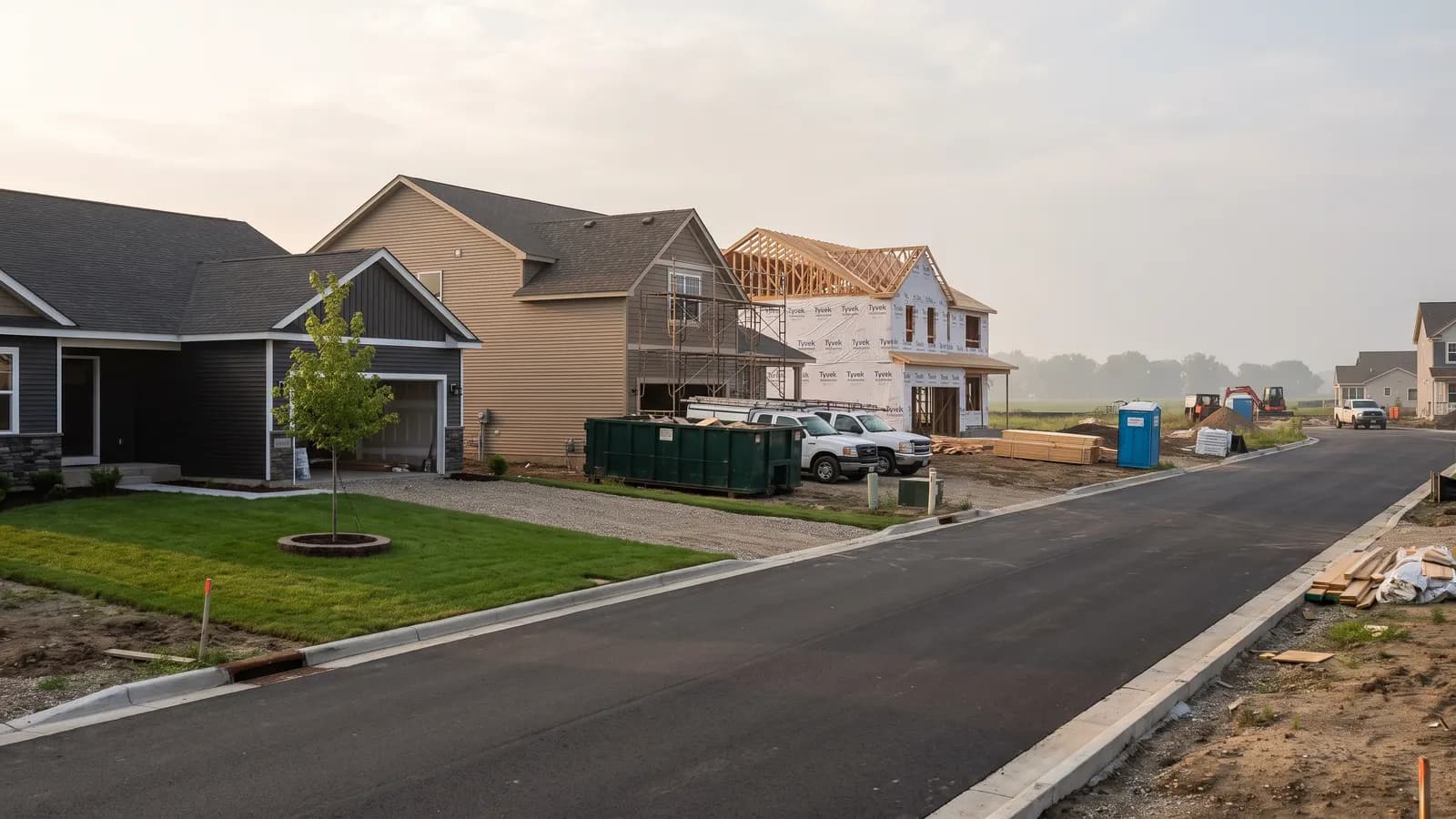 New production homes at different build stages along a subdivision street
