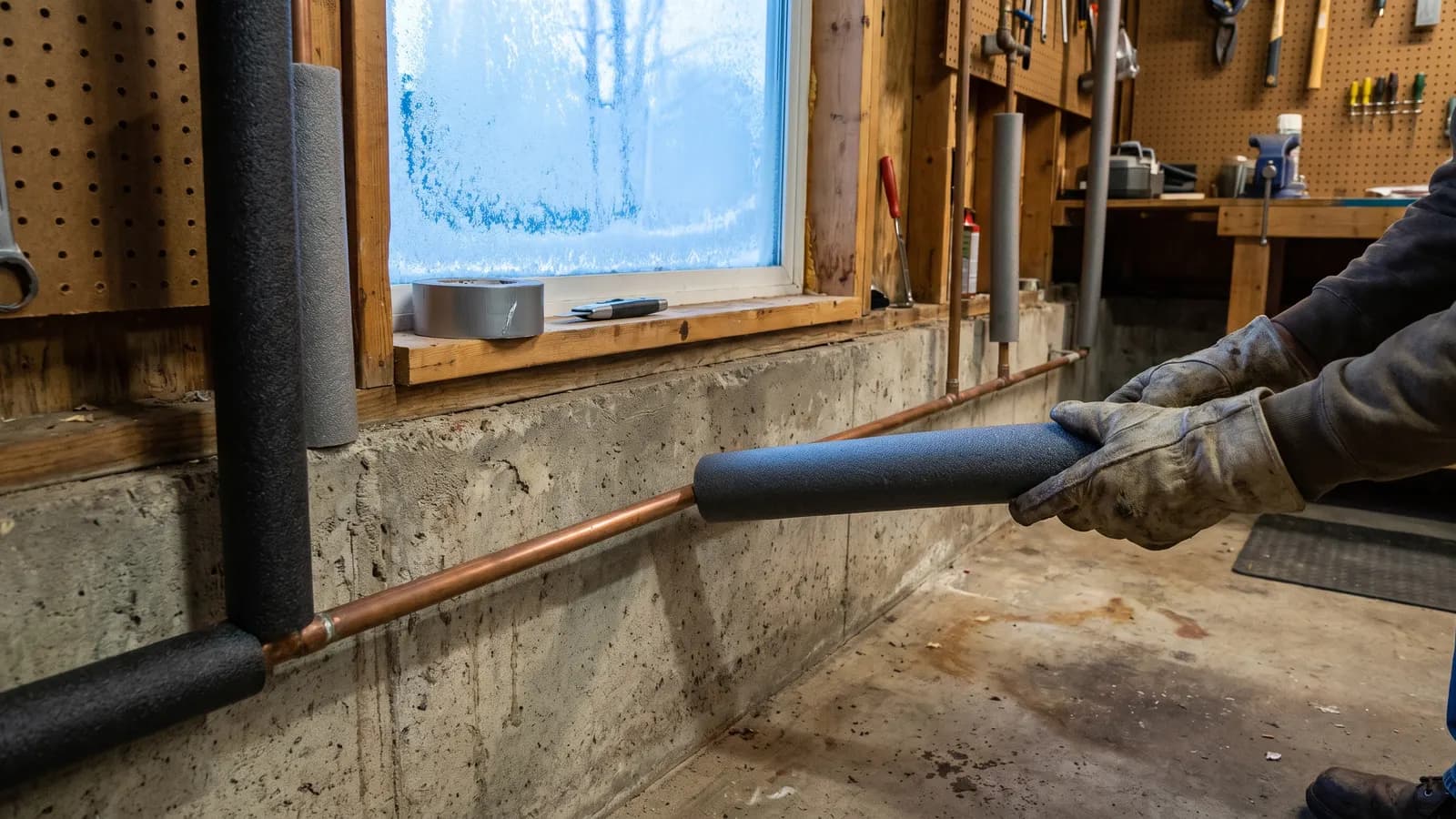 Insulating exposed water pipes in a garage before a hard freeze
