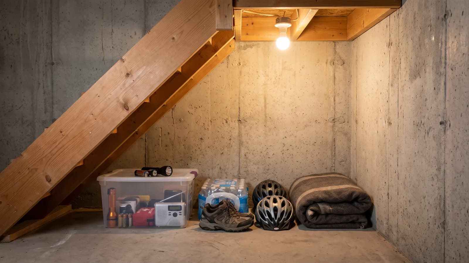 Basement tornado shelter corner stocked with water, flashlights and helmets