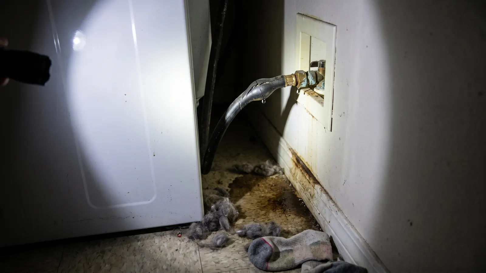 Worn rubber washing machine hose dripping behind a washer