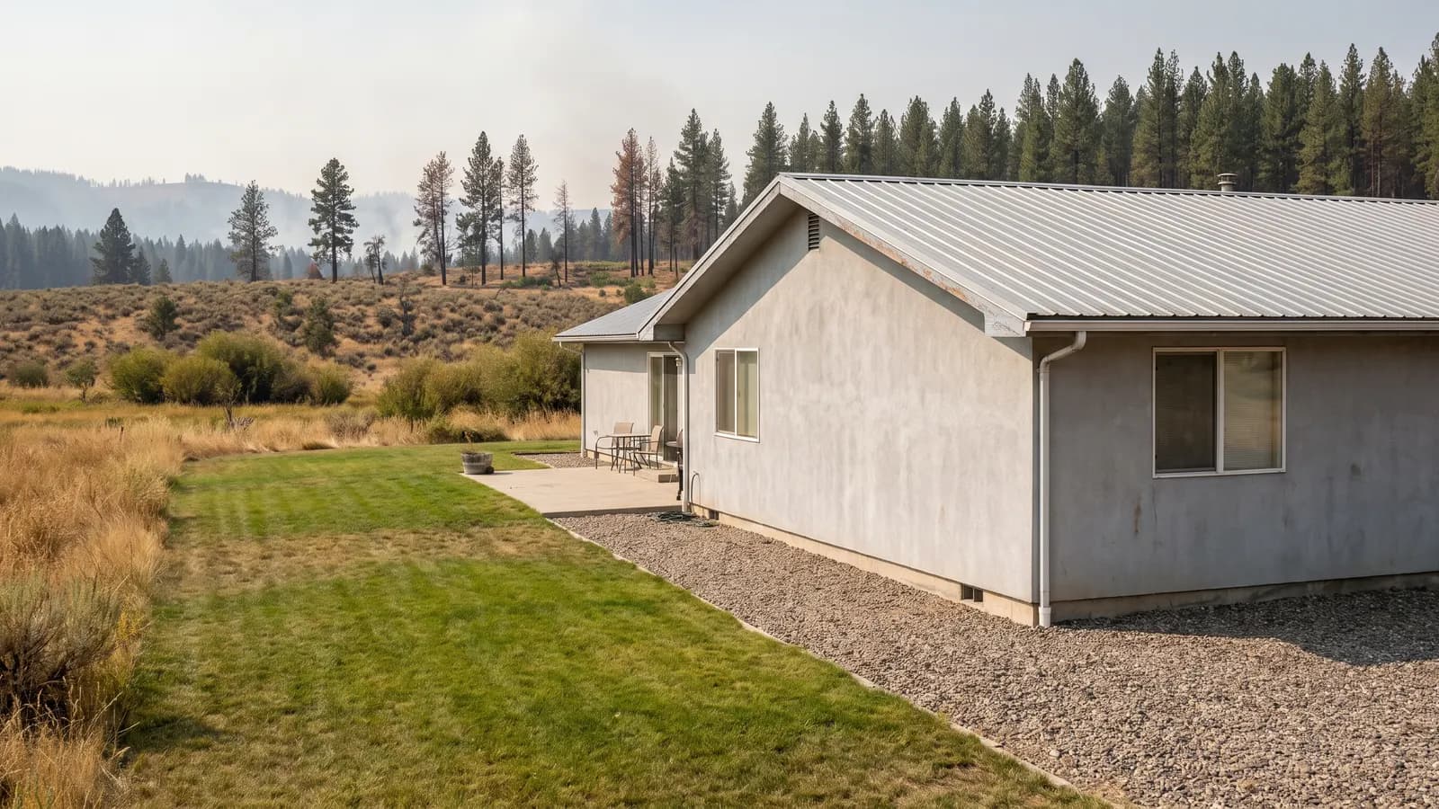 Home with gravel border and cleared wildfire defensible space