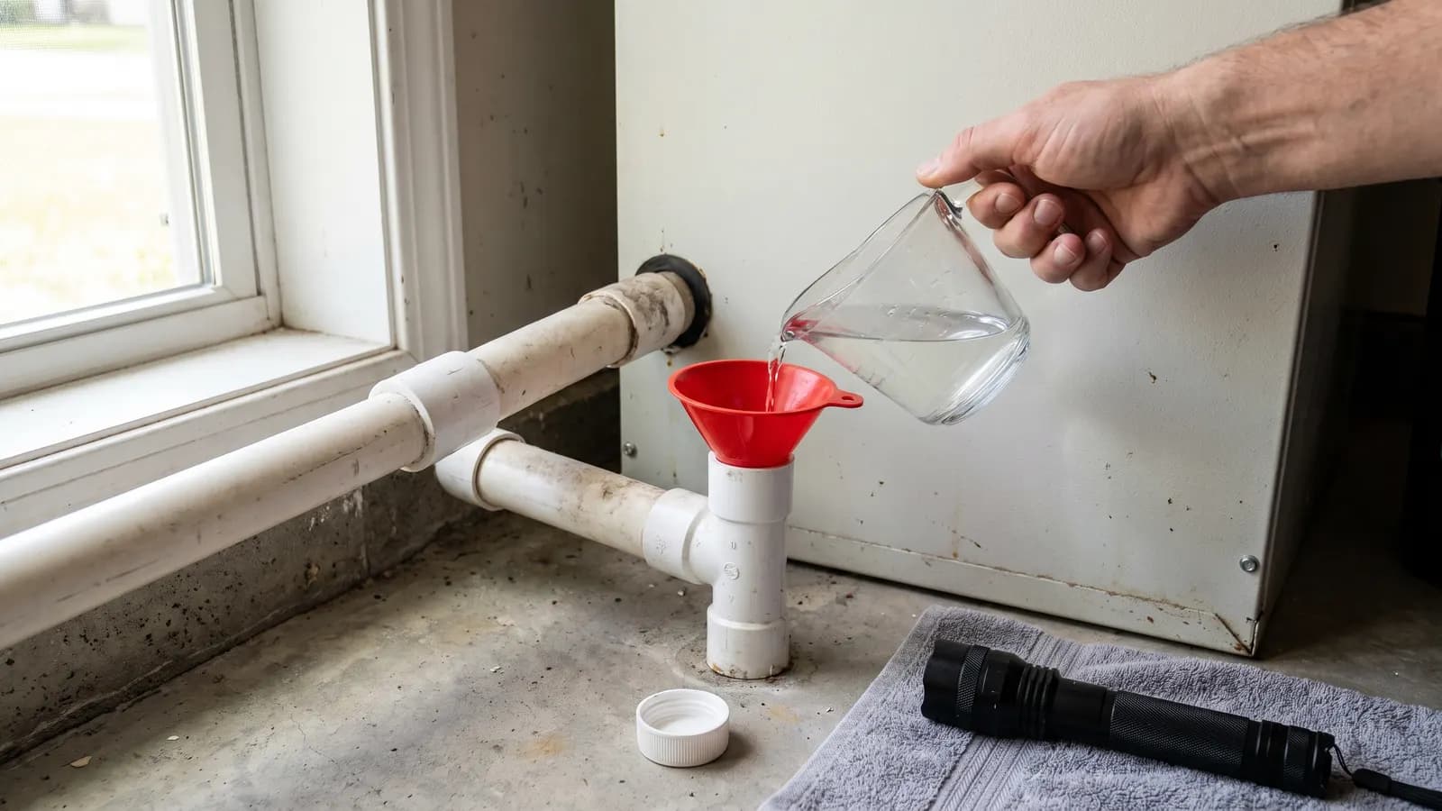 Vinegar poured into an AC condensate drain line access port