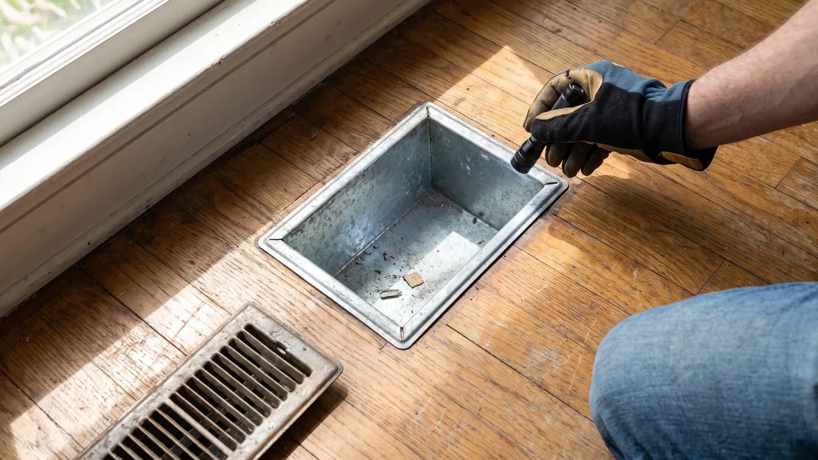 Flashlight inspecting dust inside a floor air duct with the register removed