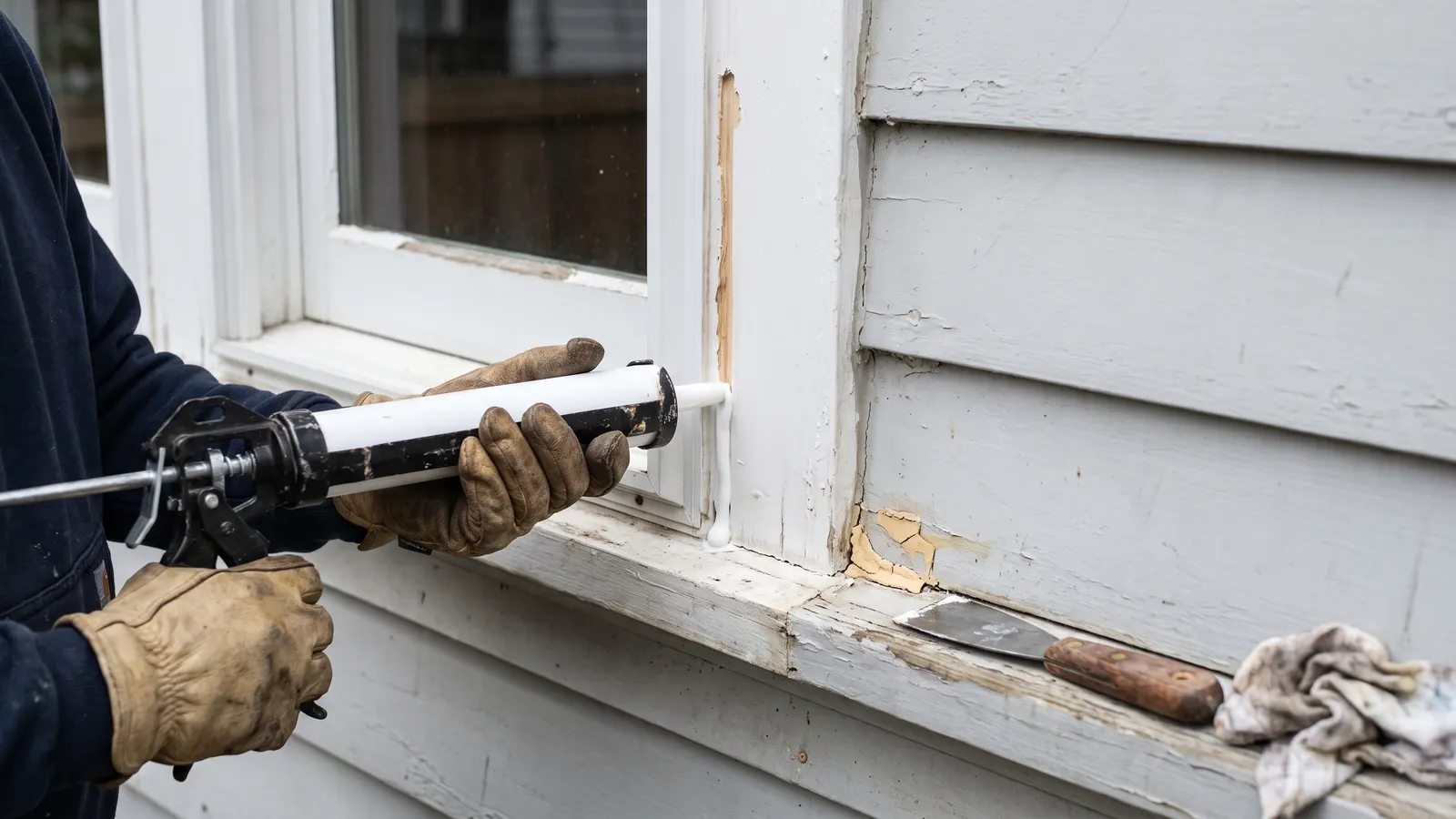 Caulk gun laying a fresh bead along exterior window trim and siding