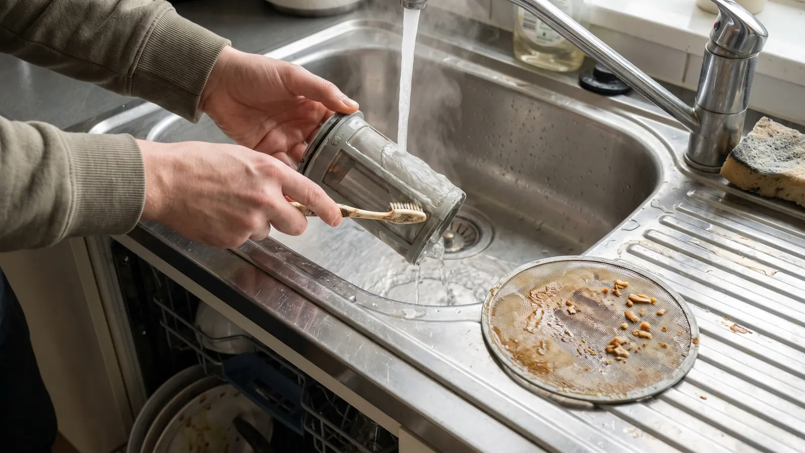 Dishwasher filter cylinder being scrubbed with a toothbrush under the tap