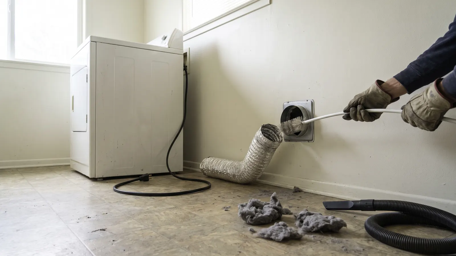 Dryer vent brush on flexible rods cleaning lint from the wall duct