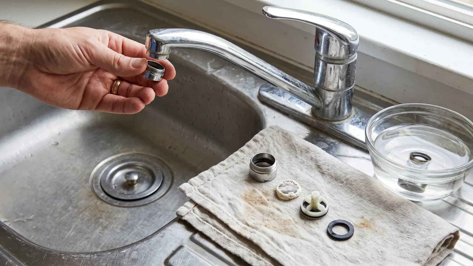 Faucet aerator parts with mineral scale soaking in vinegar at the sink