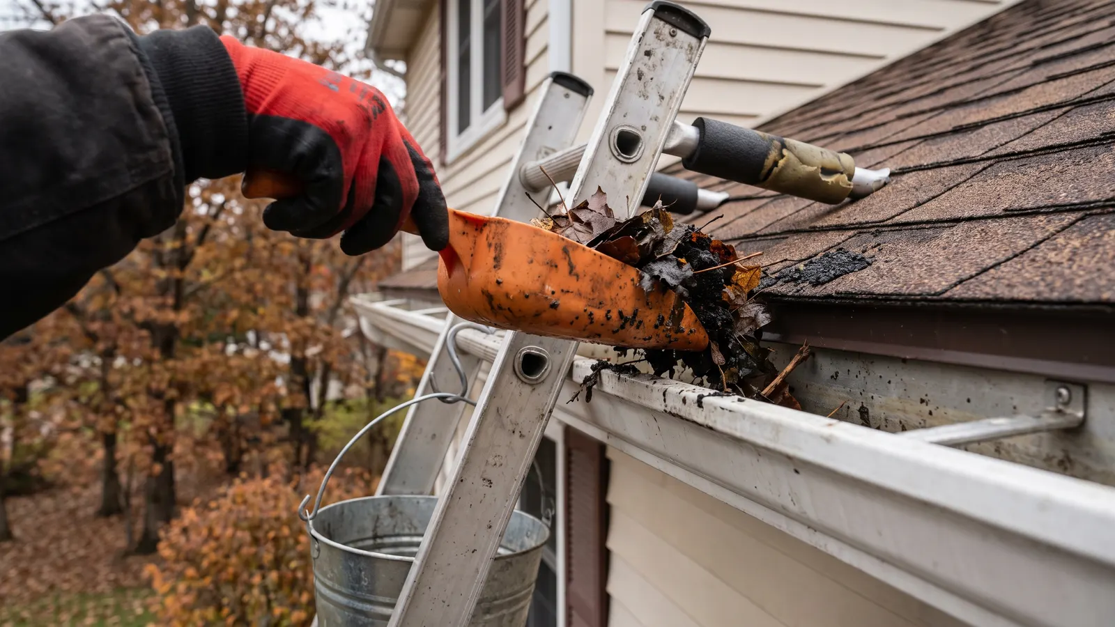 Gloved hand scooping wet leaves out of a house gutter