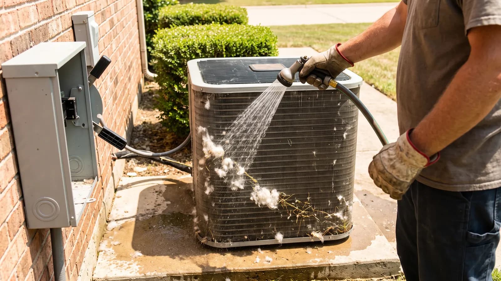 Garden hose gently rinsing the fins of an outdoor AC condenser