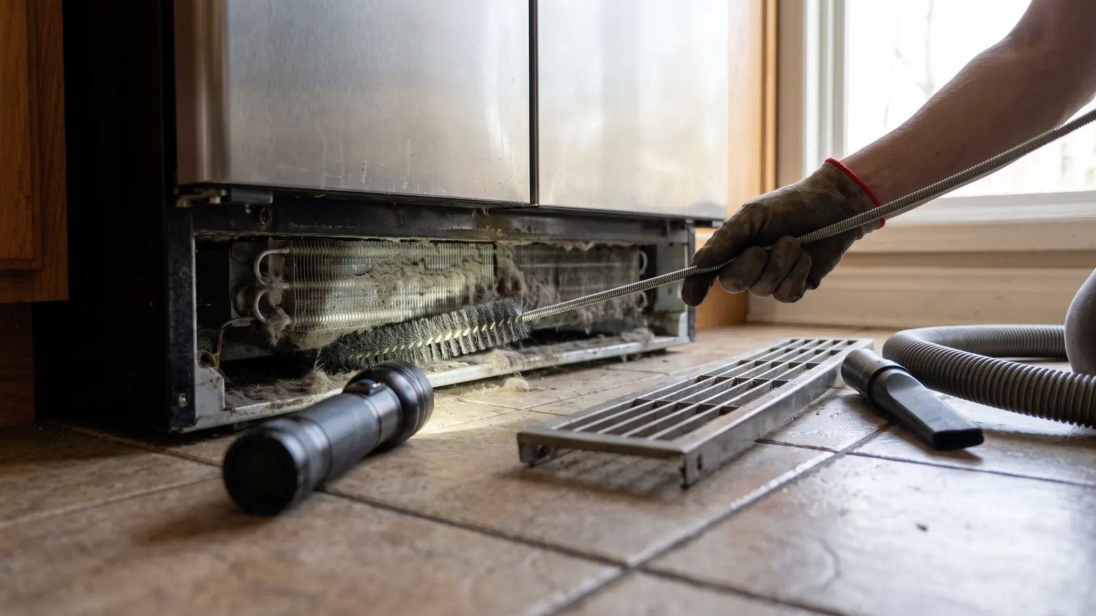 Coil brush cleaning dusty condenser coils under a refrigerator