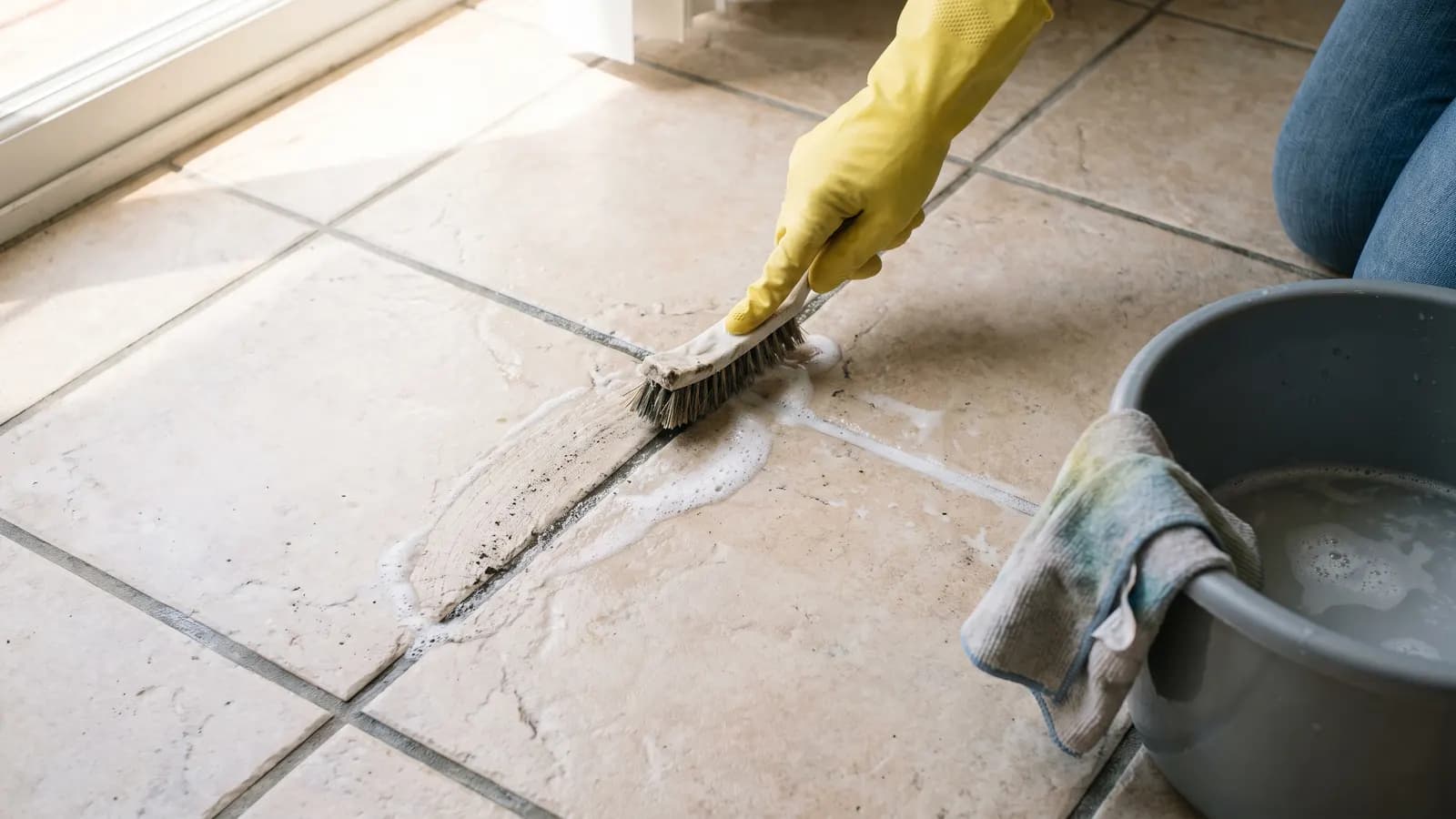 Stiff nylon brush scrubbing darkened grout lines on a tile floor