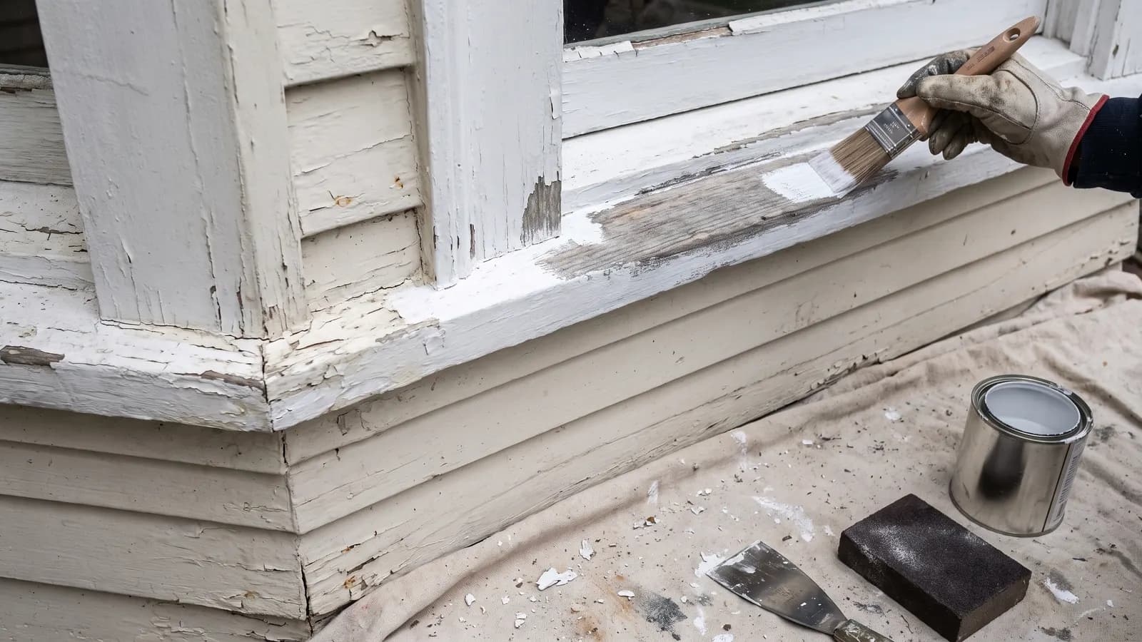 Brush priming a scraped spot on exterior wood trim before touch-up paint