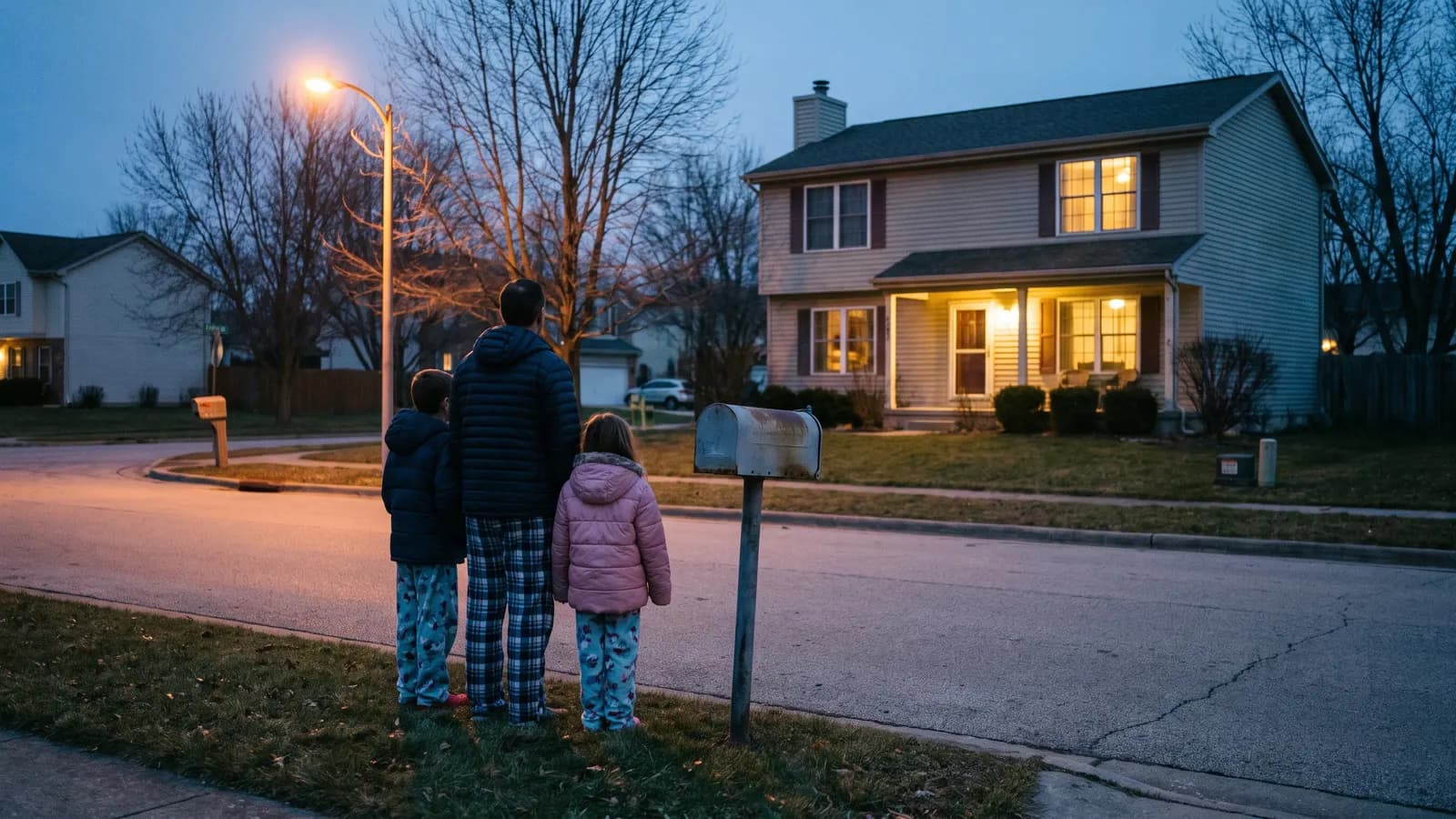 Family gathered at the mailbox meeting place during a home fire drill