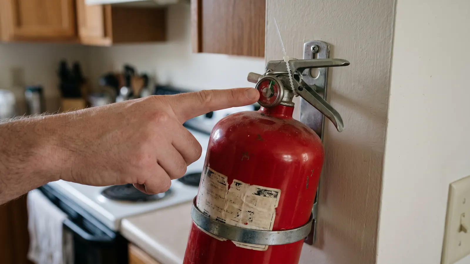 Checking the pressure gauge and pull pin on a kitchen fire extinguisher