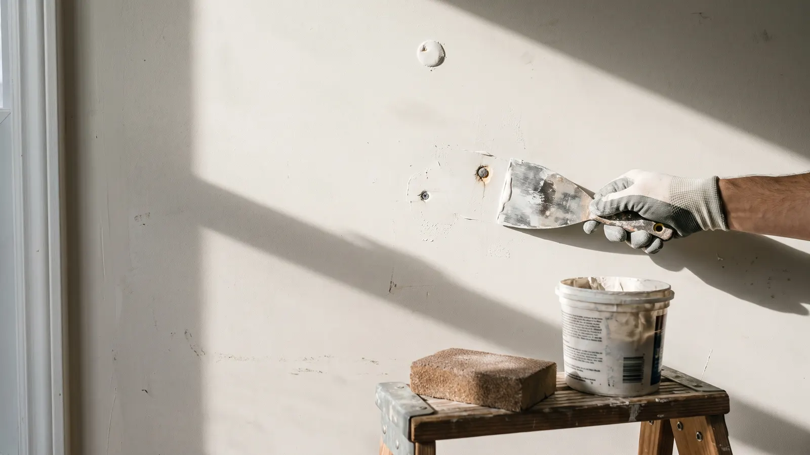 Putty knife spreading joint compound over a nail pop on a drywall wall