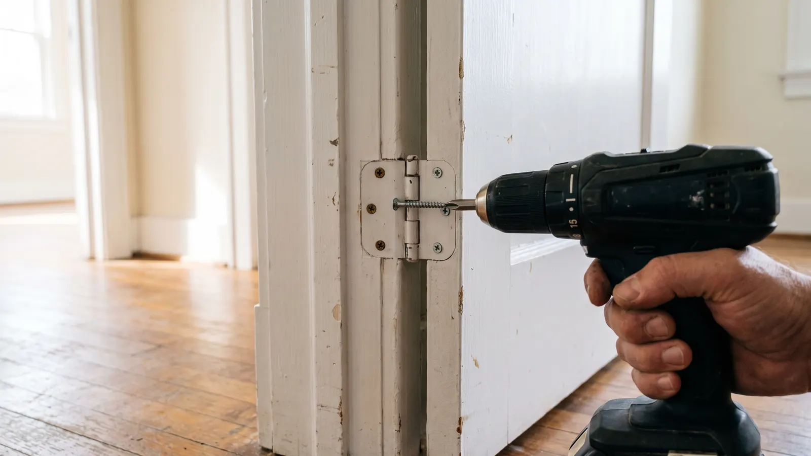 Drill driving a long screw into the top hinge of a sticking interior door