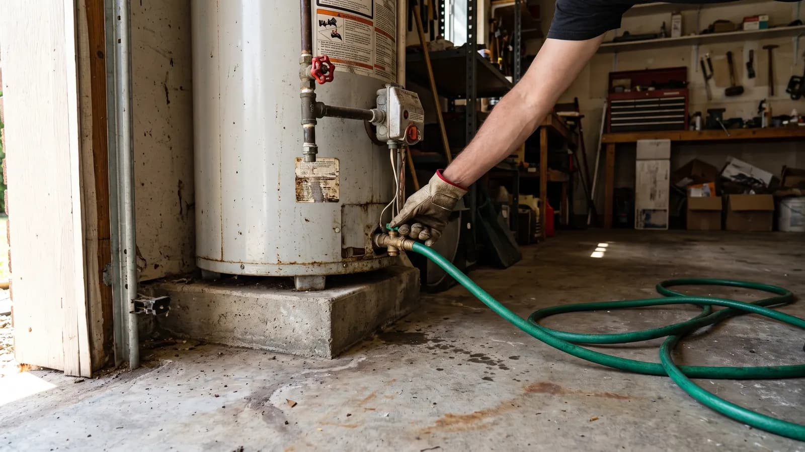 Garden hose attached to a tank water heater drain valve for flushing