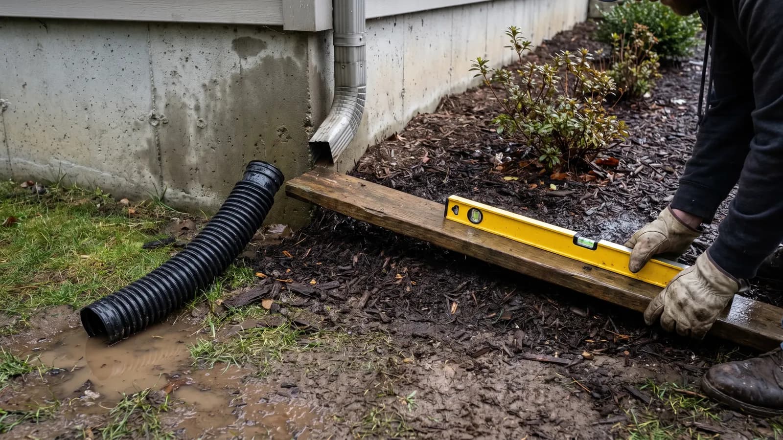 Board and level checking soil slope away from a house foundation