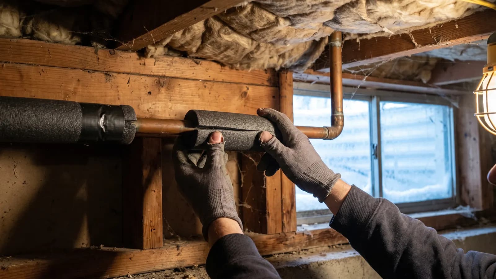Pressing a foam insulation sleeve onto a copper pipe in a cold basement