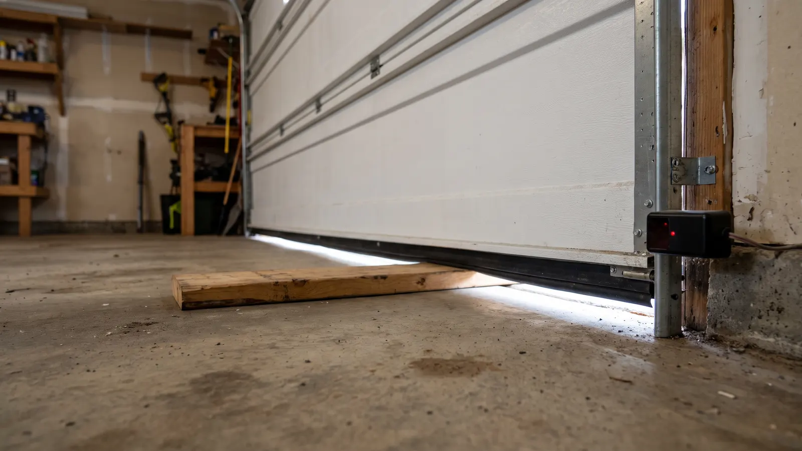 Garage door lowering onto a flat 2x4 board to test the safety reverse