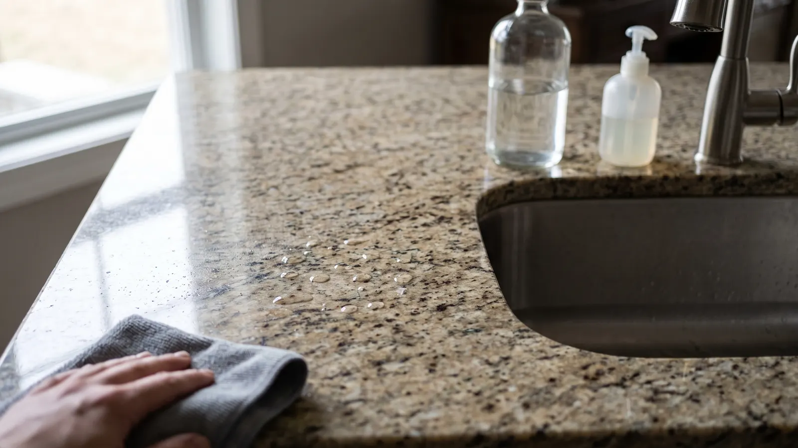 Water drops beading on a granite countertop during a sealing test