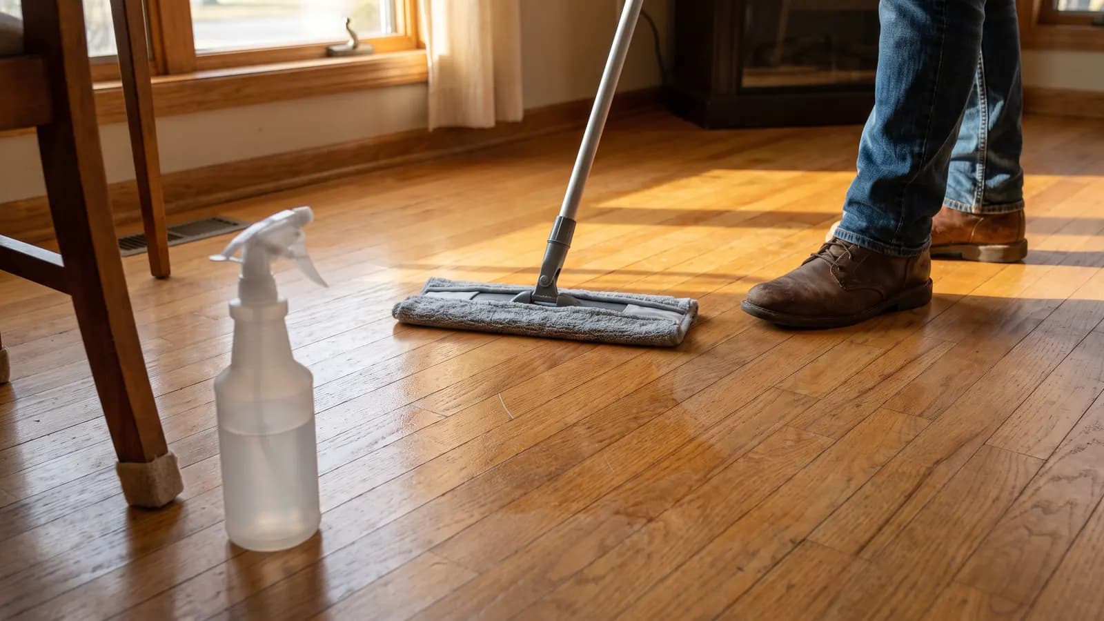 Microfiber flat mop cleaning an oak hardwood floor along the grain
