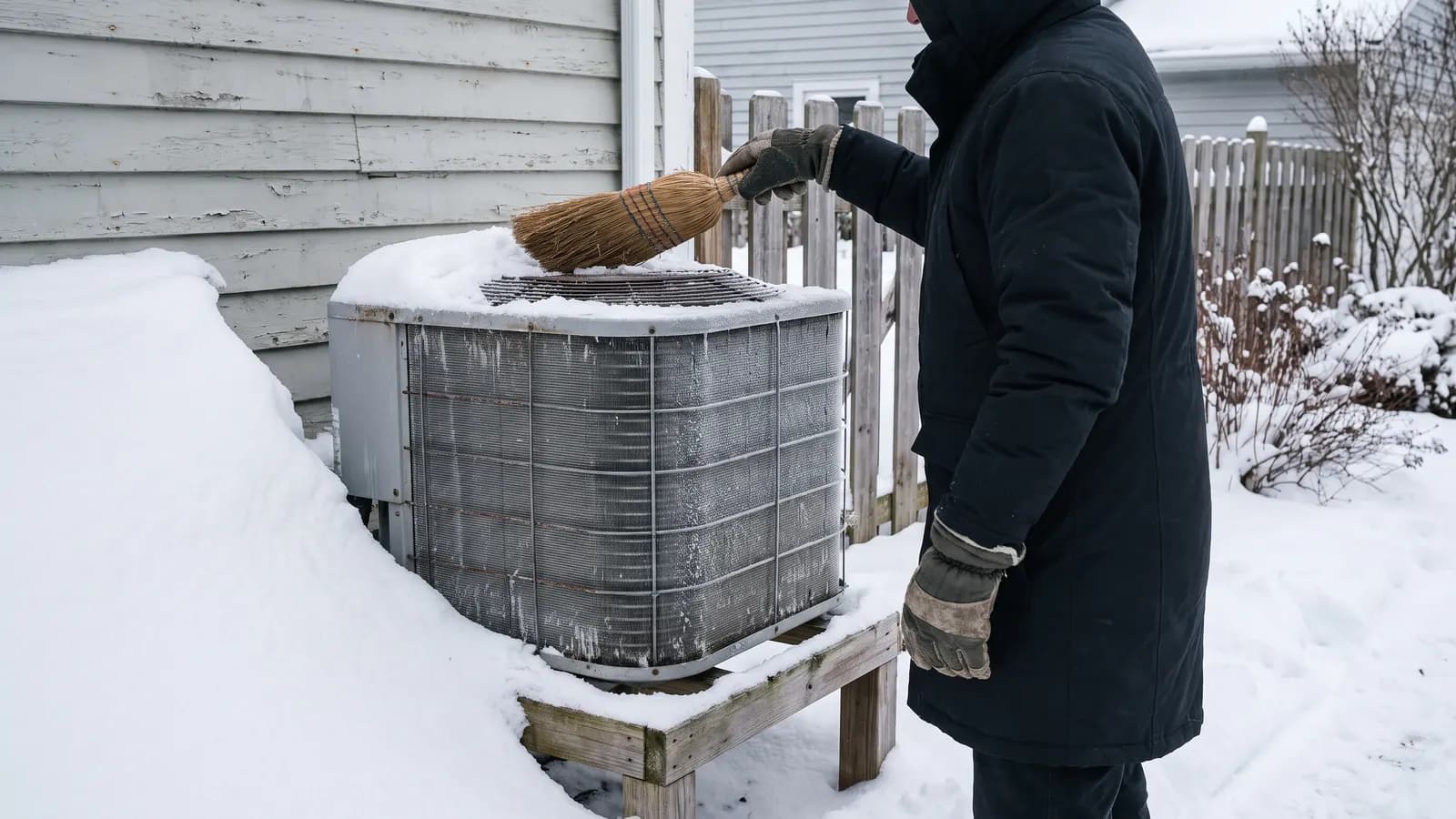 Brushing snow off an outdoor heat pump unit in winter