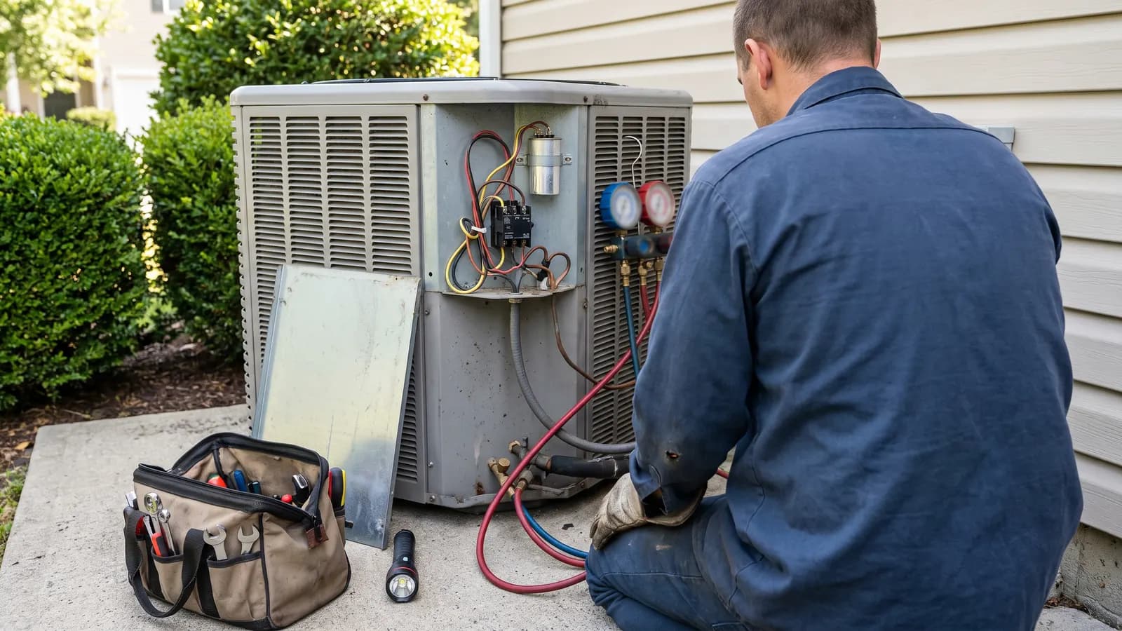 HVAC technician checking an outdoor AC condenser during an annual tune-up
