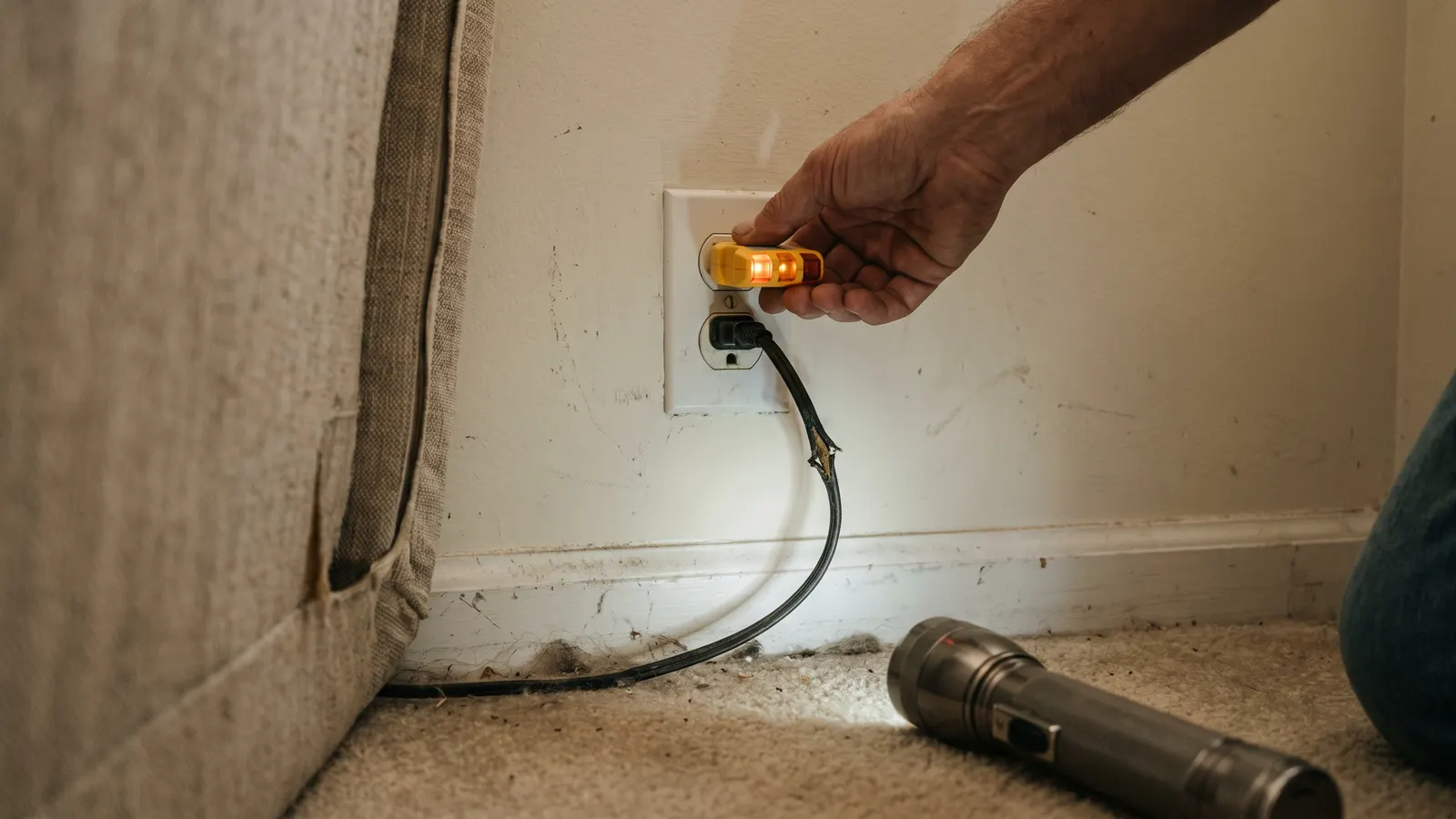 Plug-in outlet tester in a wall outlet beside a damaged lamp cord