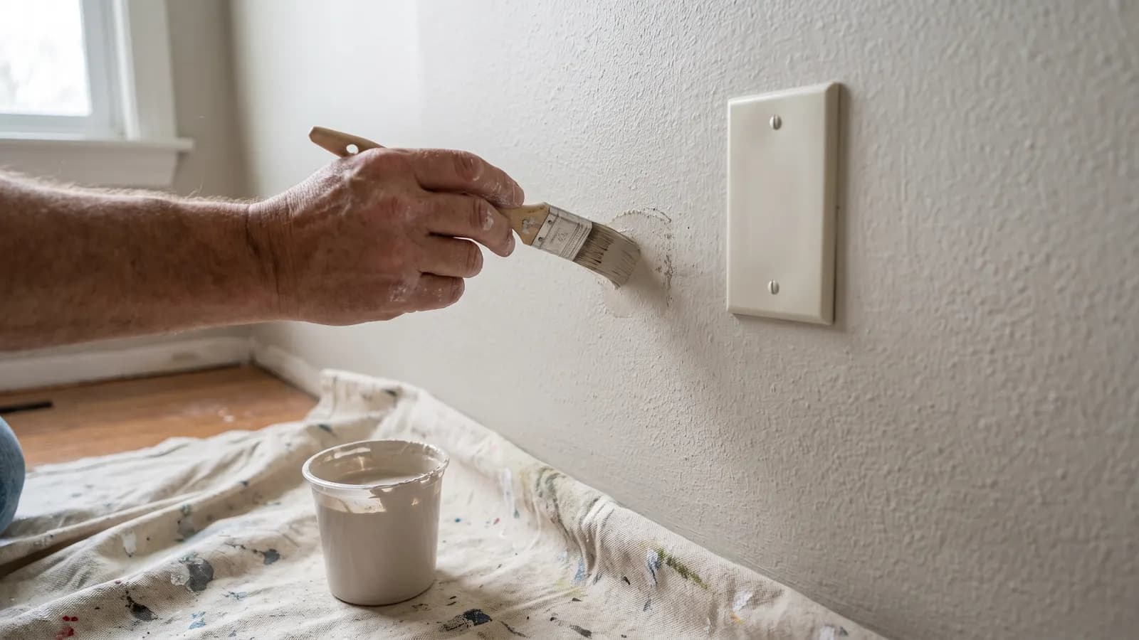 Touching up a scuff on an interior wall with a small brush