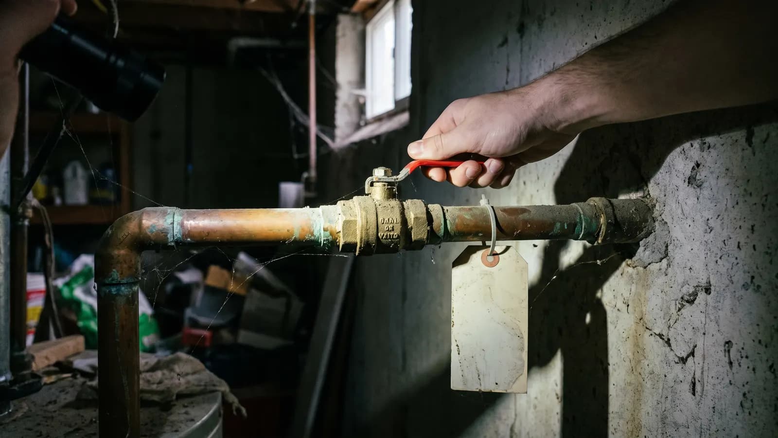 Hand turning the lever of a main water shutoff ball valve