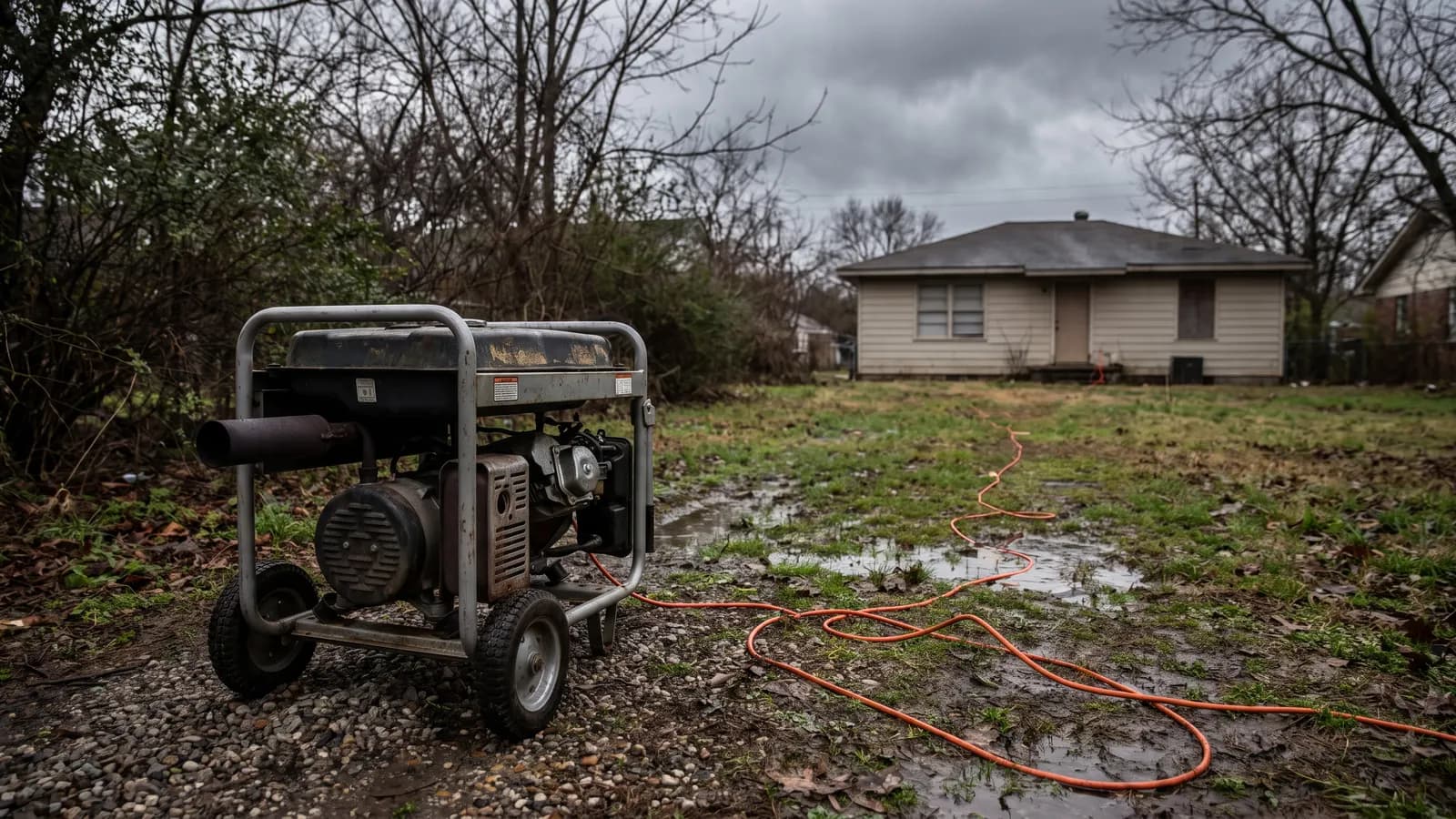 Portable generator running outdoors on level ground far from the house