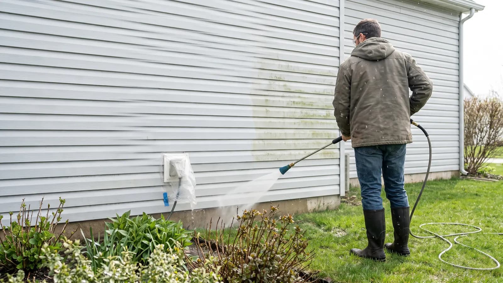 Rinsing vinyl siding with a wide pressure washer spray angled downward