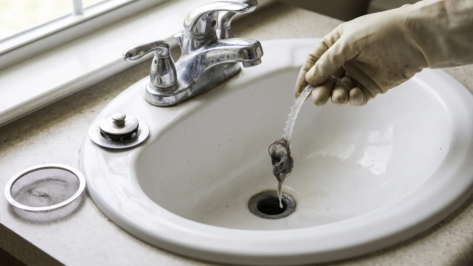 Barbed drain strip pulling hair out of a bathroom sink drain