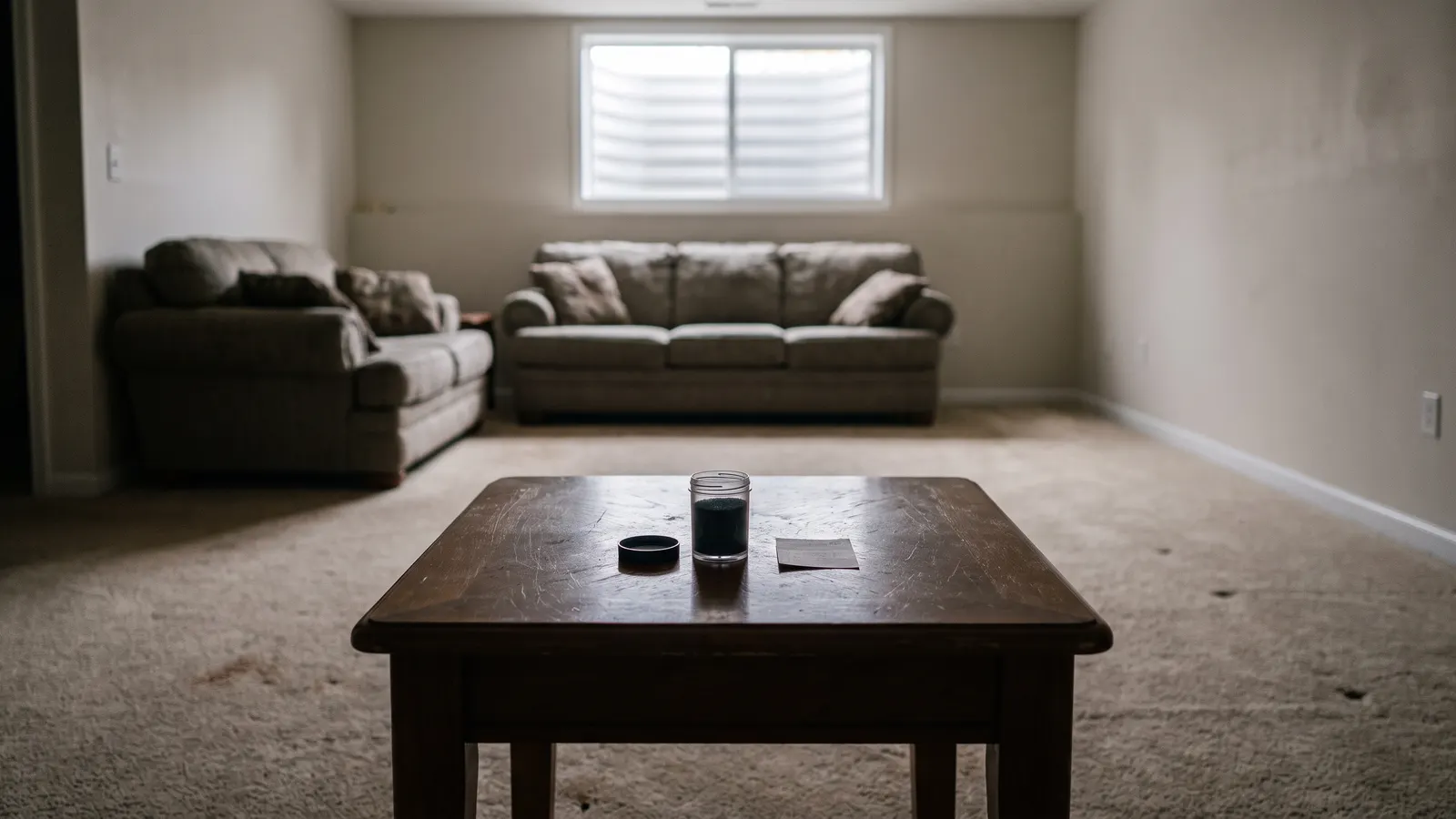 Short term radon test kit placed on a table in a finished basement