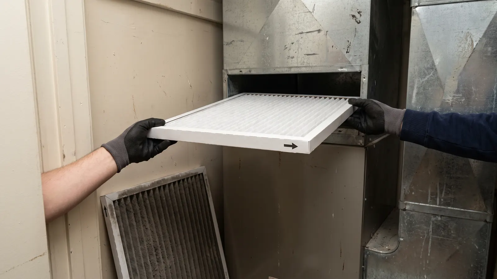 Sliding a new pleated HVAC filter into a furnace filter slot