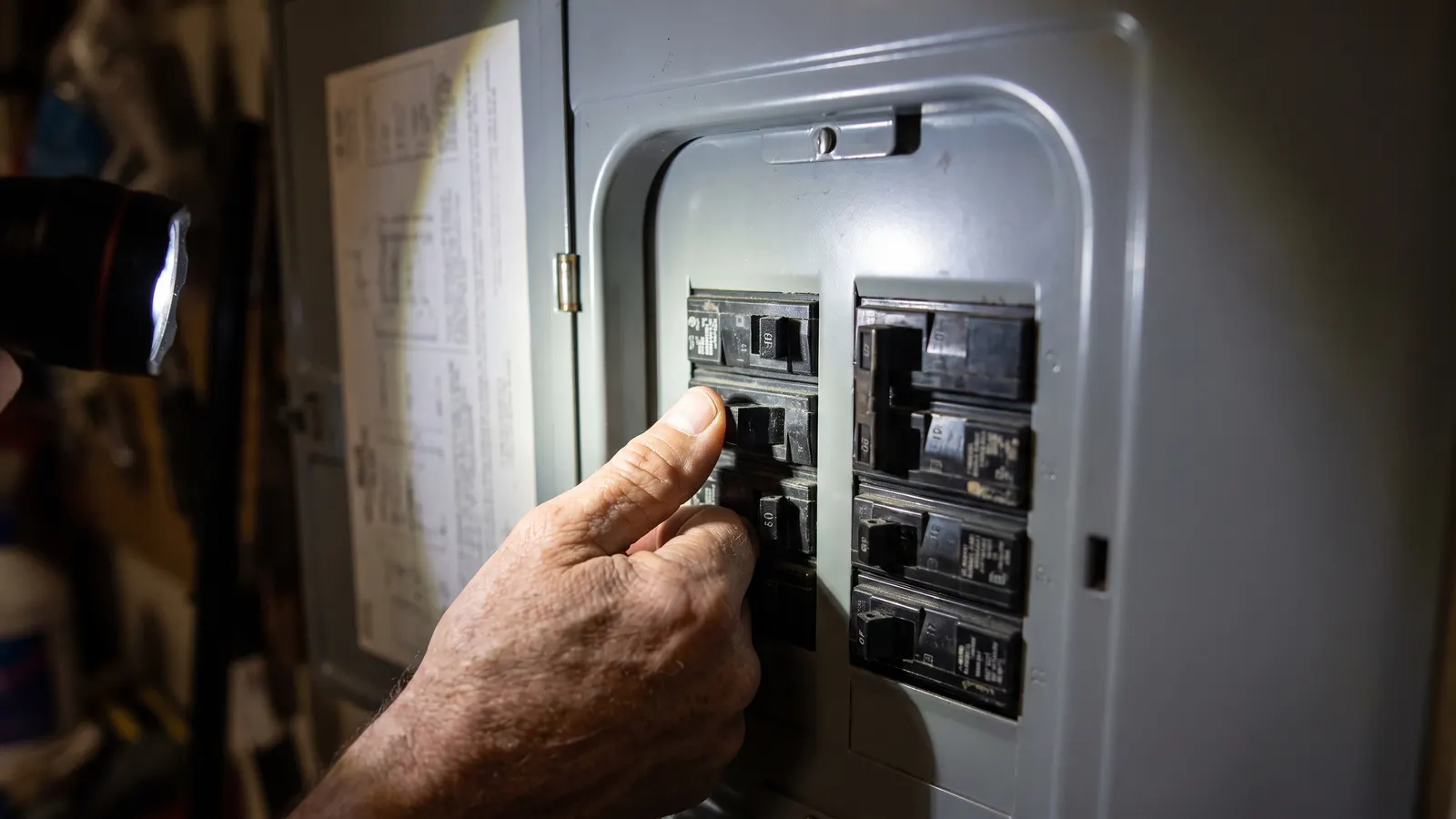 Resetting a tripped circuit breaker in a home electrical panel