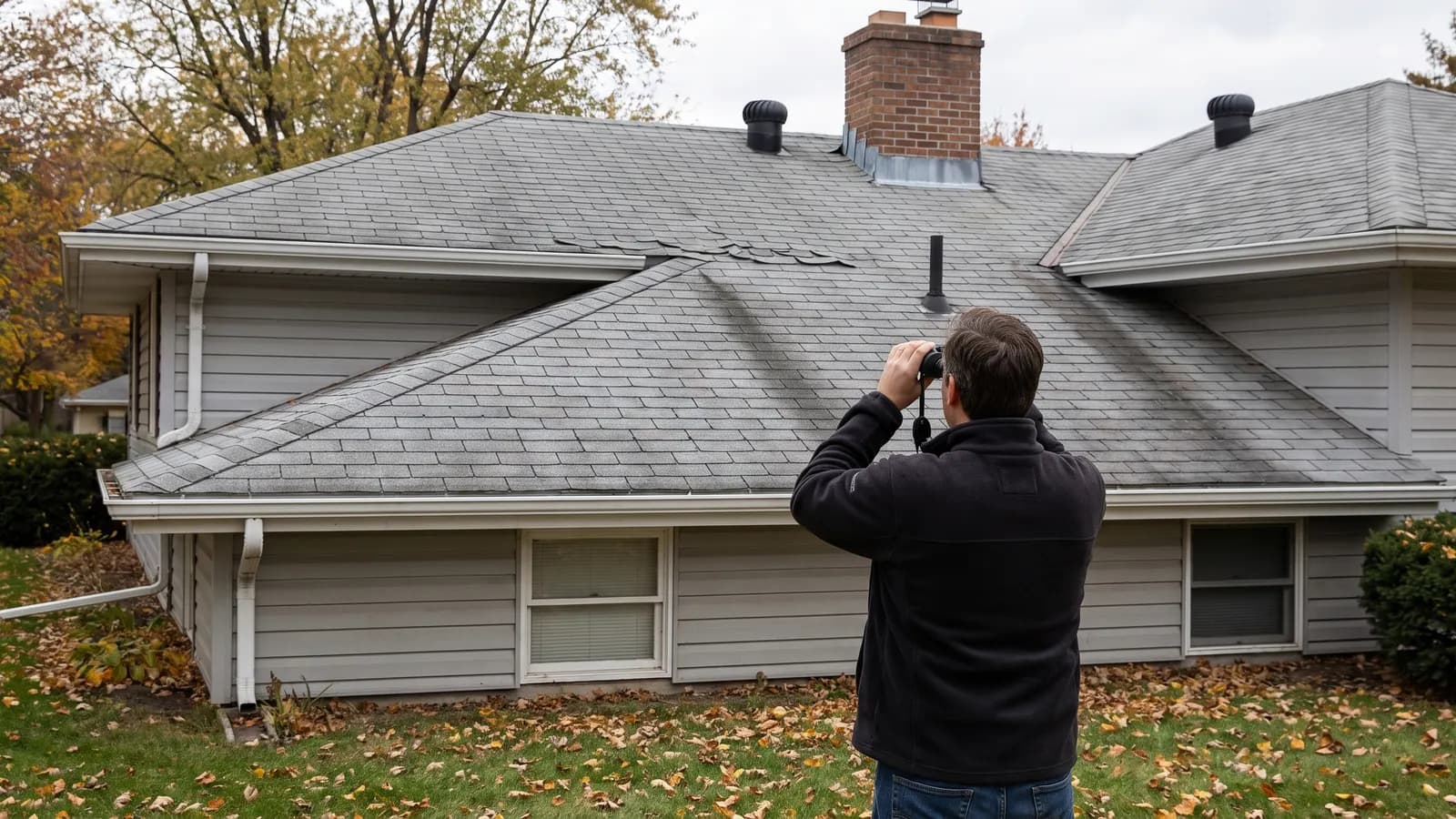 Homeowner inspecting asphalt roof shingles from the ground with binoculars