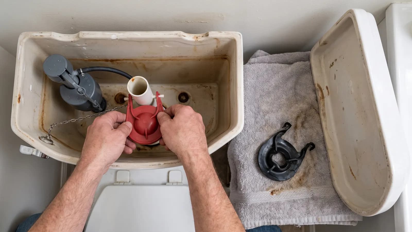 Replacing a worn flapper inside a toilet tank to stop a running toilet