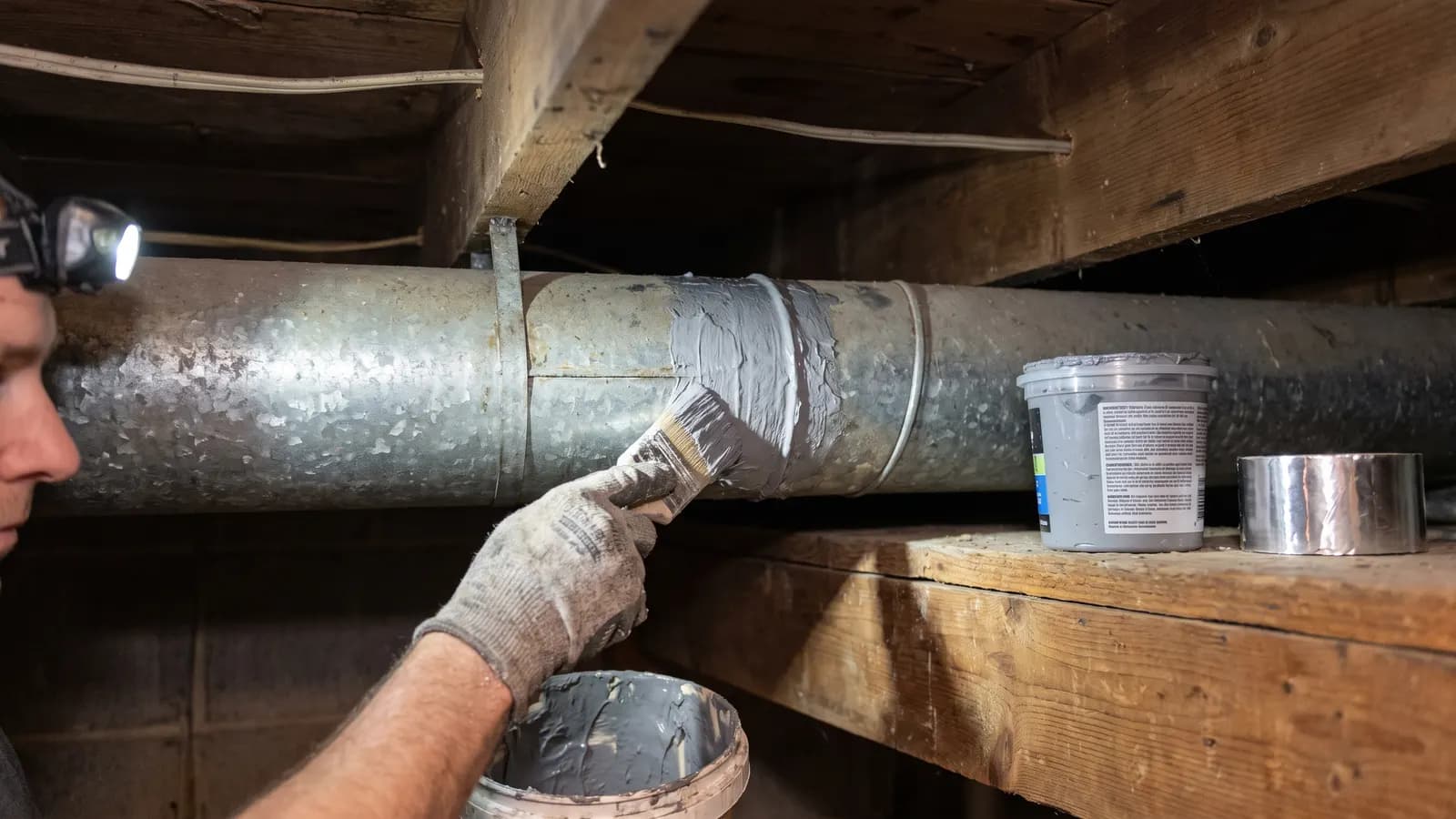 Brushing duct mastic onto a sheet metal ductwork seam in a basement