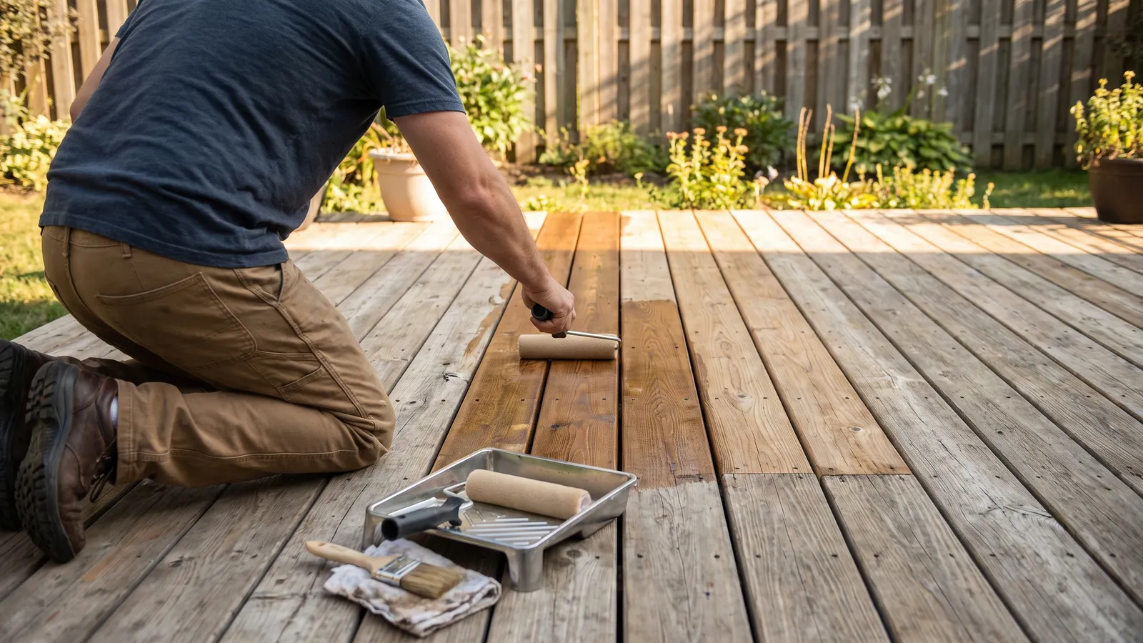 Applying clear sealer to clean dry wood deck boards with a roller