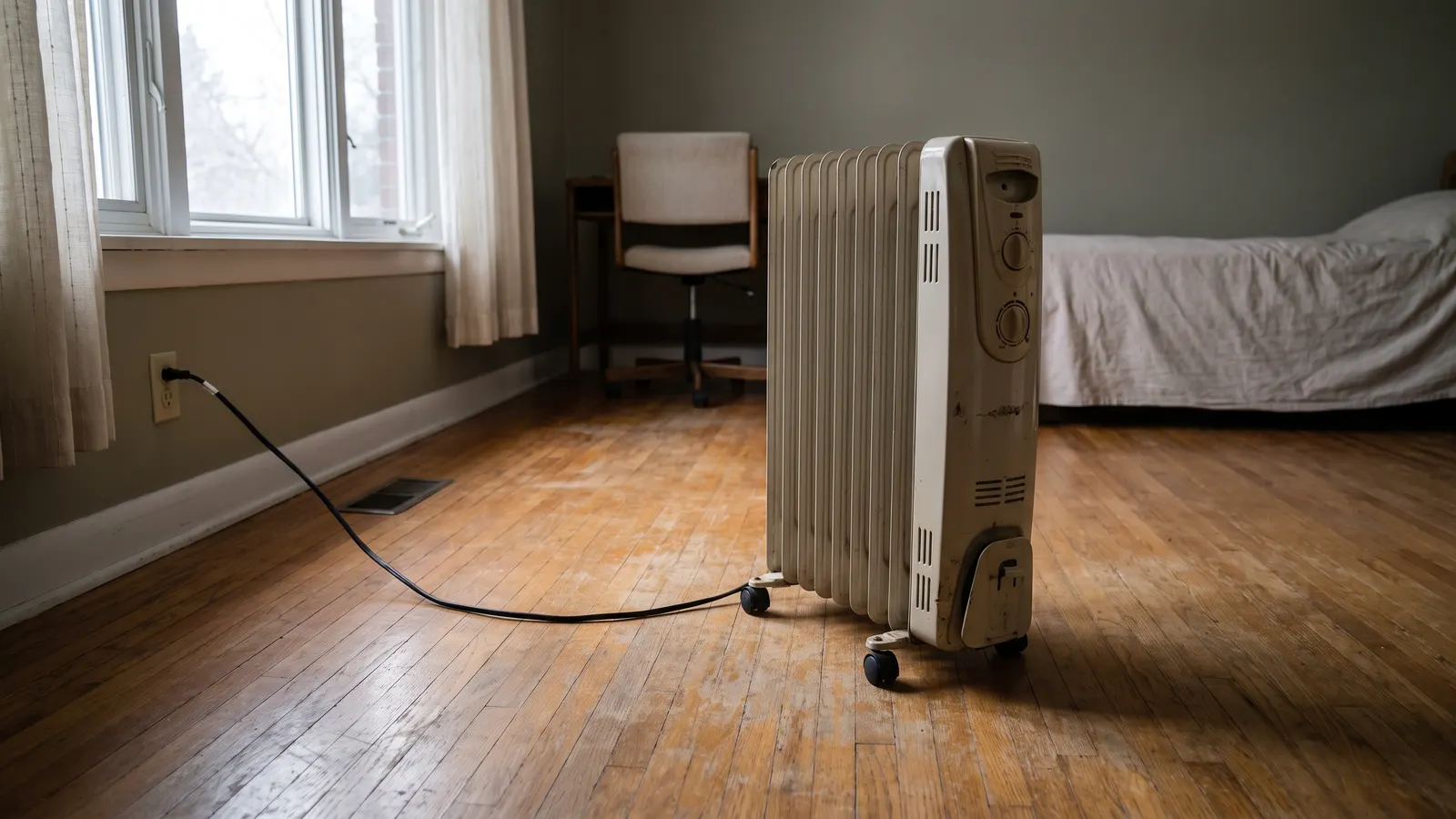 Space heater on a hard floor with clear space, plugged into the wall
