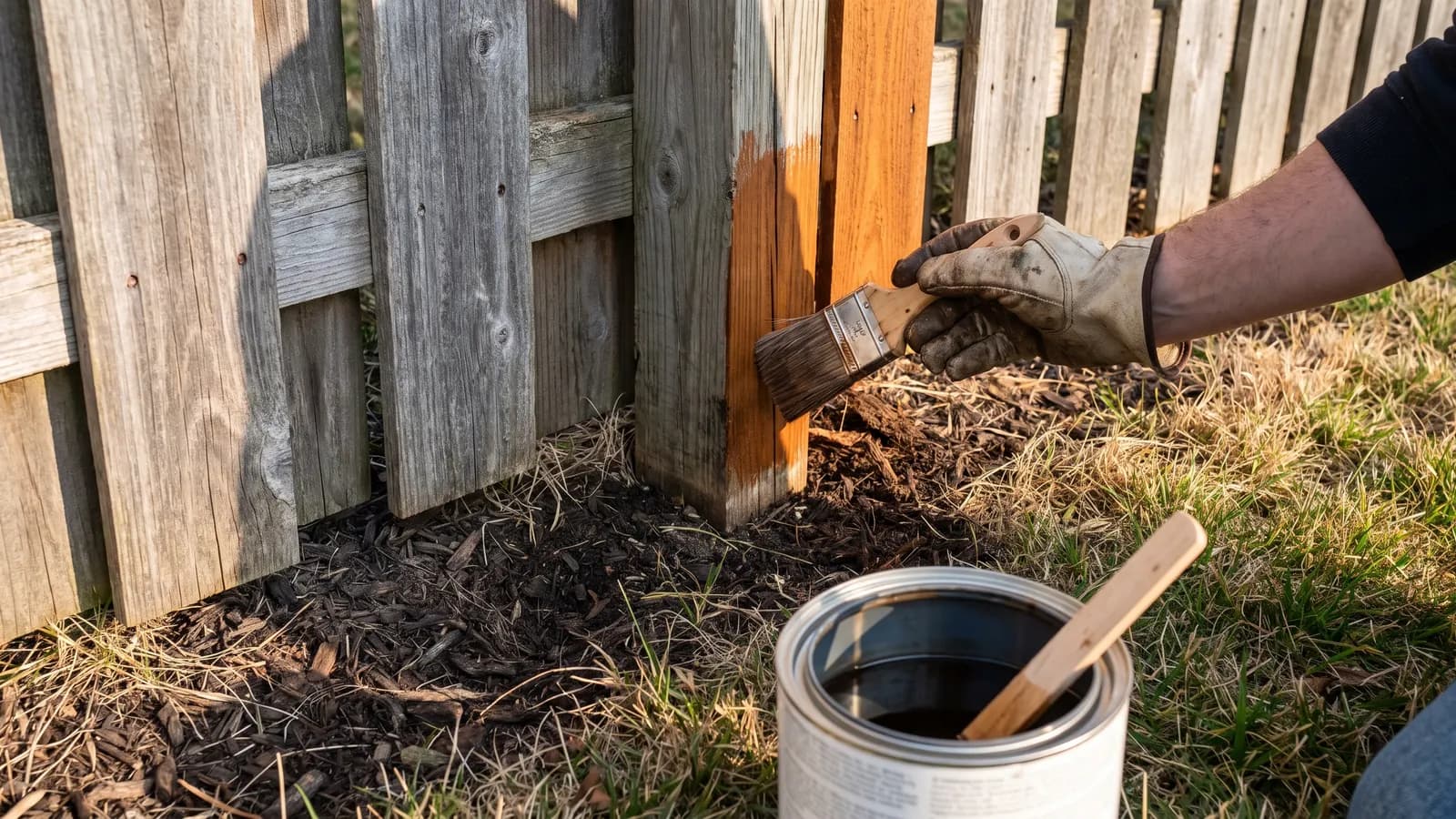Brushing stain onto a wood fence near the post at ground level