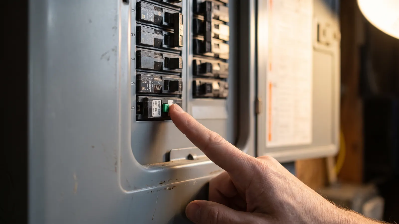 Pressing the test button on an AFCI breaker in a home electrical panel