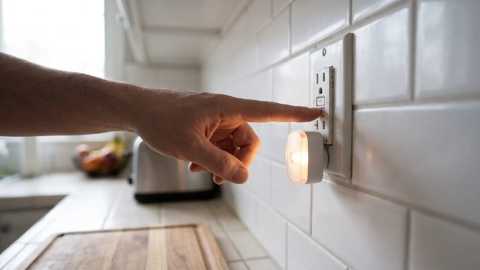 Pressing the test button on a GFCI outlet on a kitchen backsplash