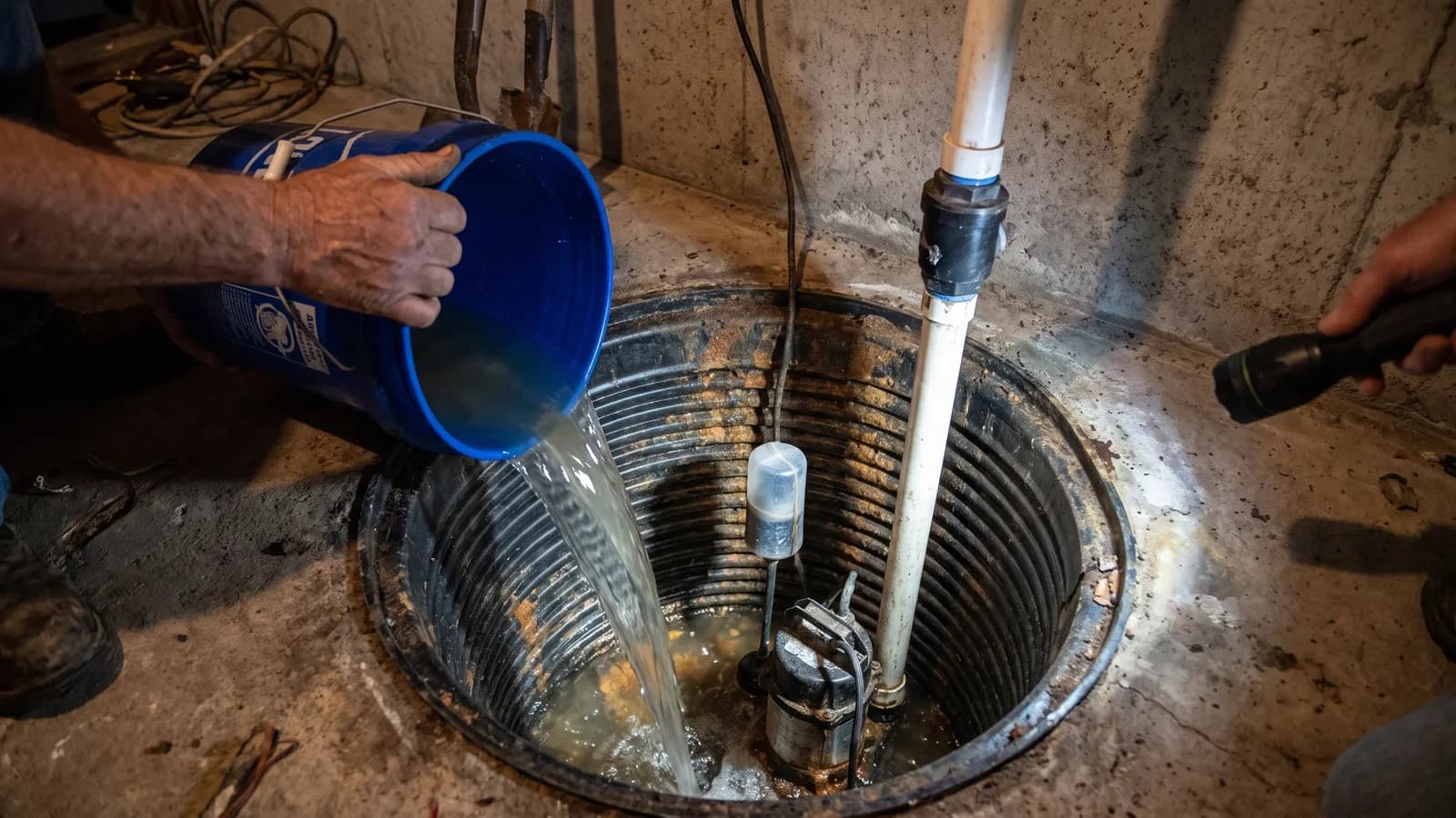 Pouring water into a sump pit to test the sump pump float