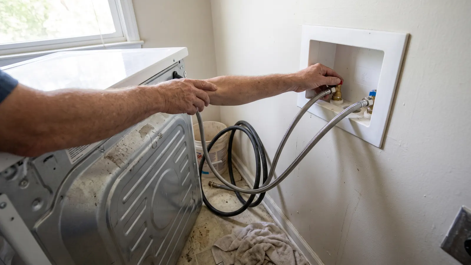 Connecting a braided stainless washing machine hose to the supply valve